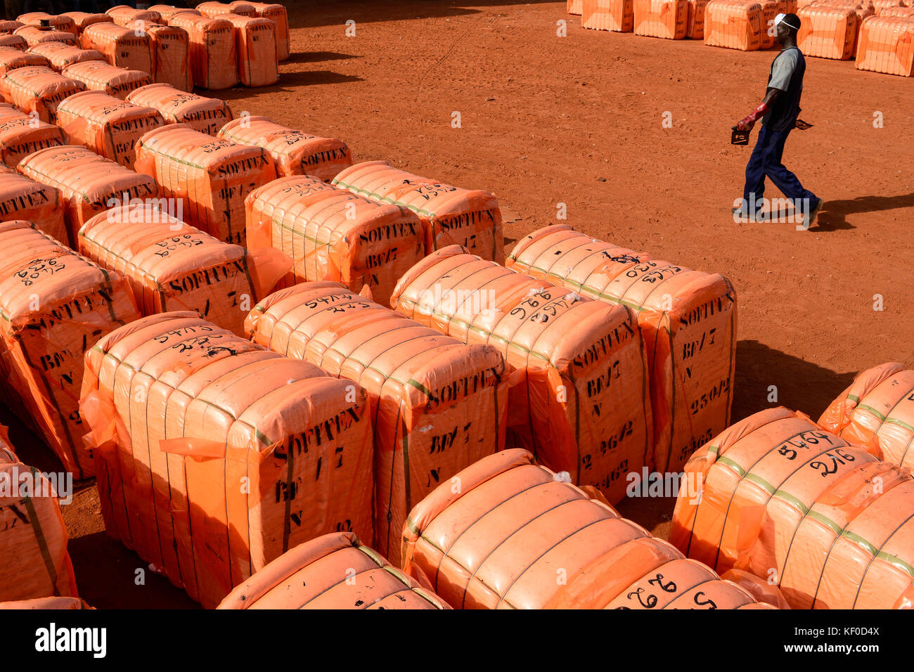 Il BURKINA FASO , Bobo Dioulasso, Société des Burkinabè Fibre tessili SOFITEX sgranatura unità aziendale Bobo io, elaborazione di convenzionali e gene manipolato Monsanto cotone BT, le balle sono pronti per l'esportazione avvolto in della copertura in plastica arancione / SOFITEX, Fabrik fuer Baumwollentkernung Werk Bobo I, Verarbeitung von konventioneller und genmanipulierter Monsanto Baumwolle, Ballen in Plastikfolie fertig fuer den esportazione Foto Stock