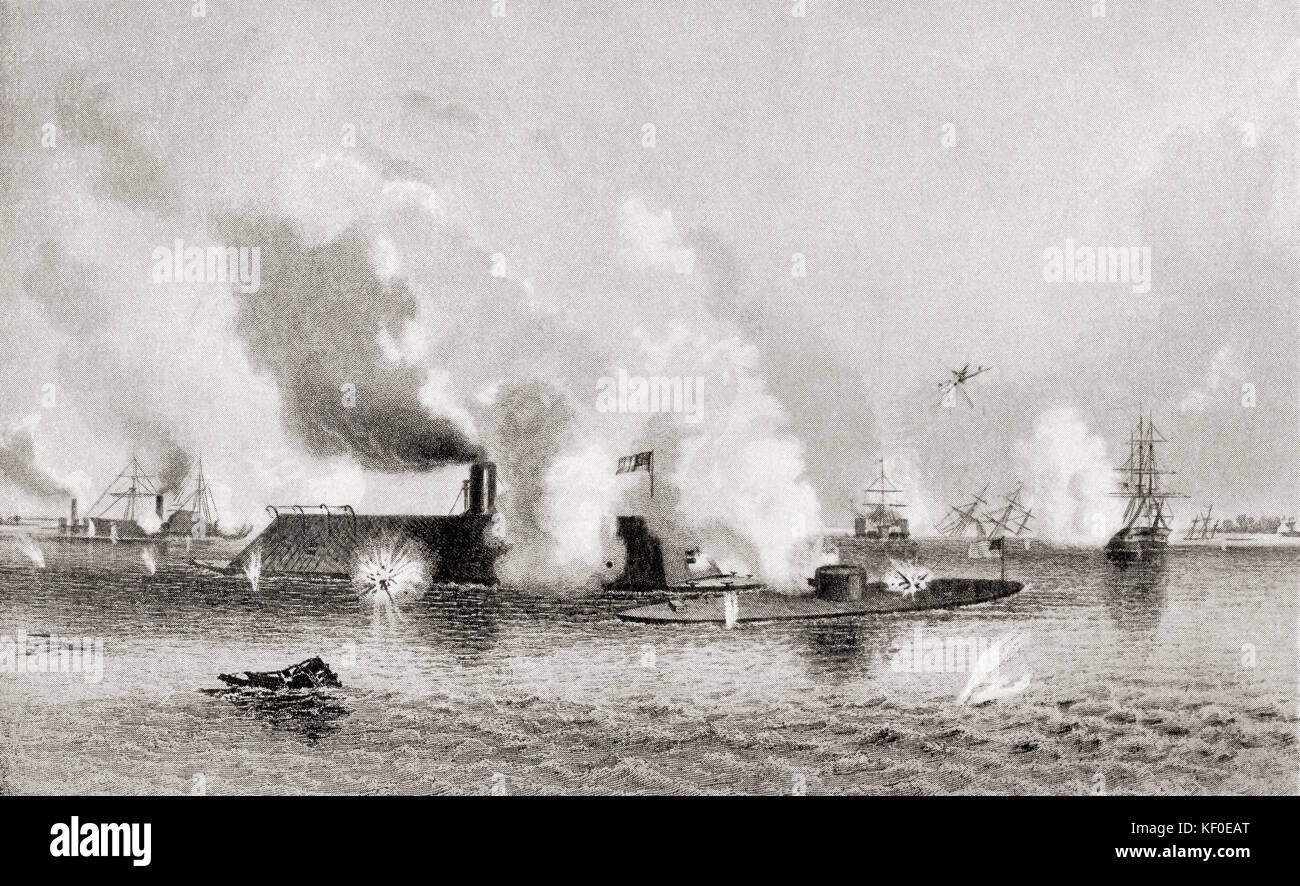 Bombardamento e cattura dell'isola numero dieci sul fiume Mississippi, 7 aprile 1862 durante la guerra di secessione americana. Da Hutchinson's History of the Nations, pubblicato nel 1915. Foto Stock