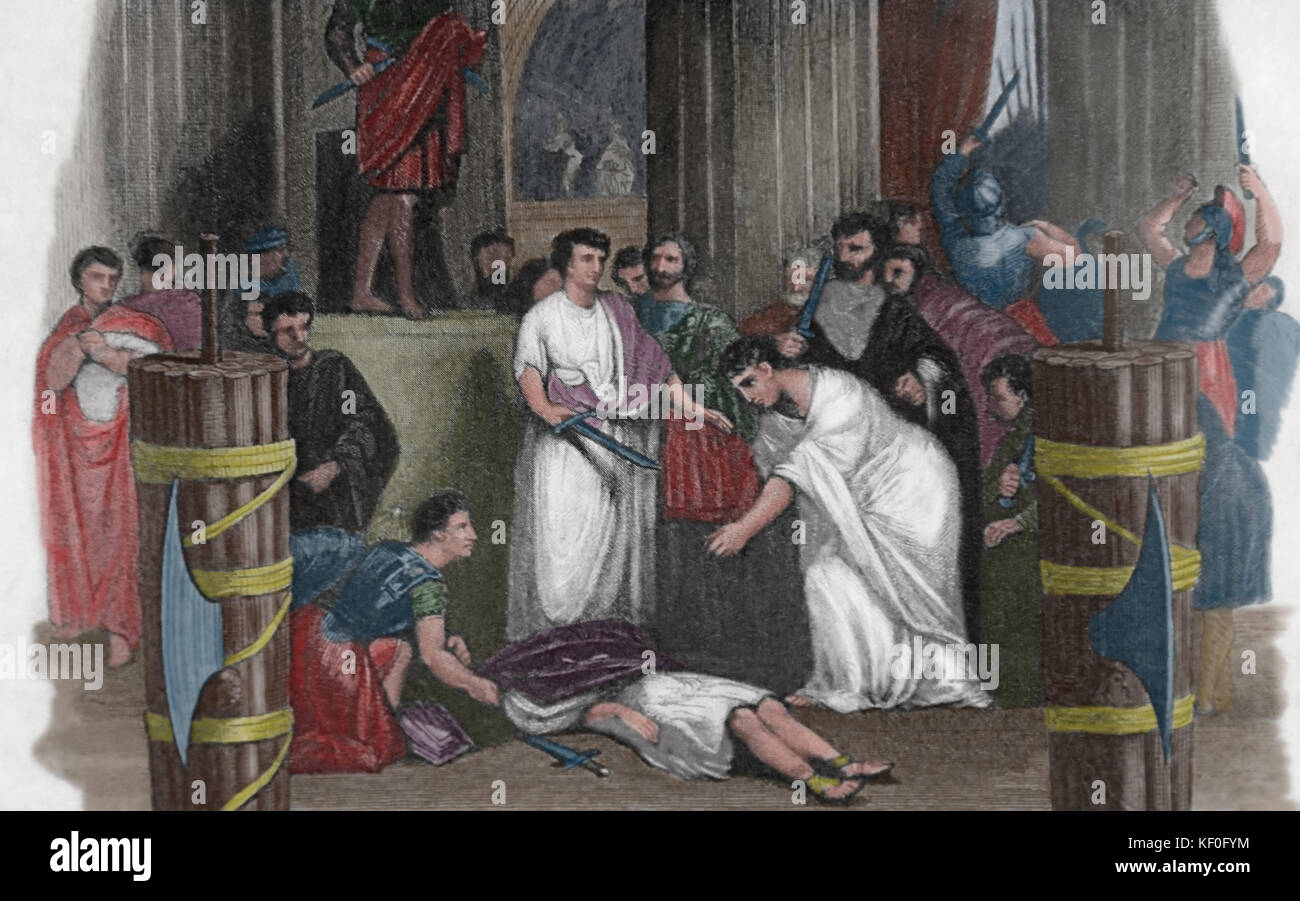 La morte di Giulio Cesare, 44 bc. incisione, xix secolo. colore. Foto Stock