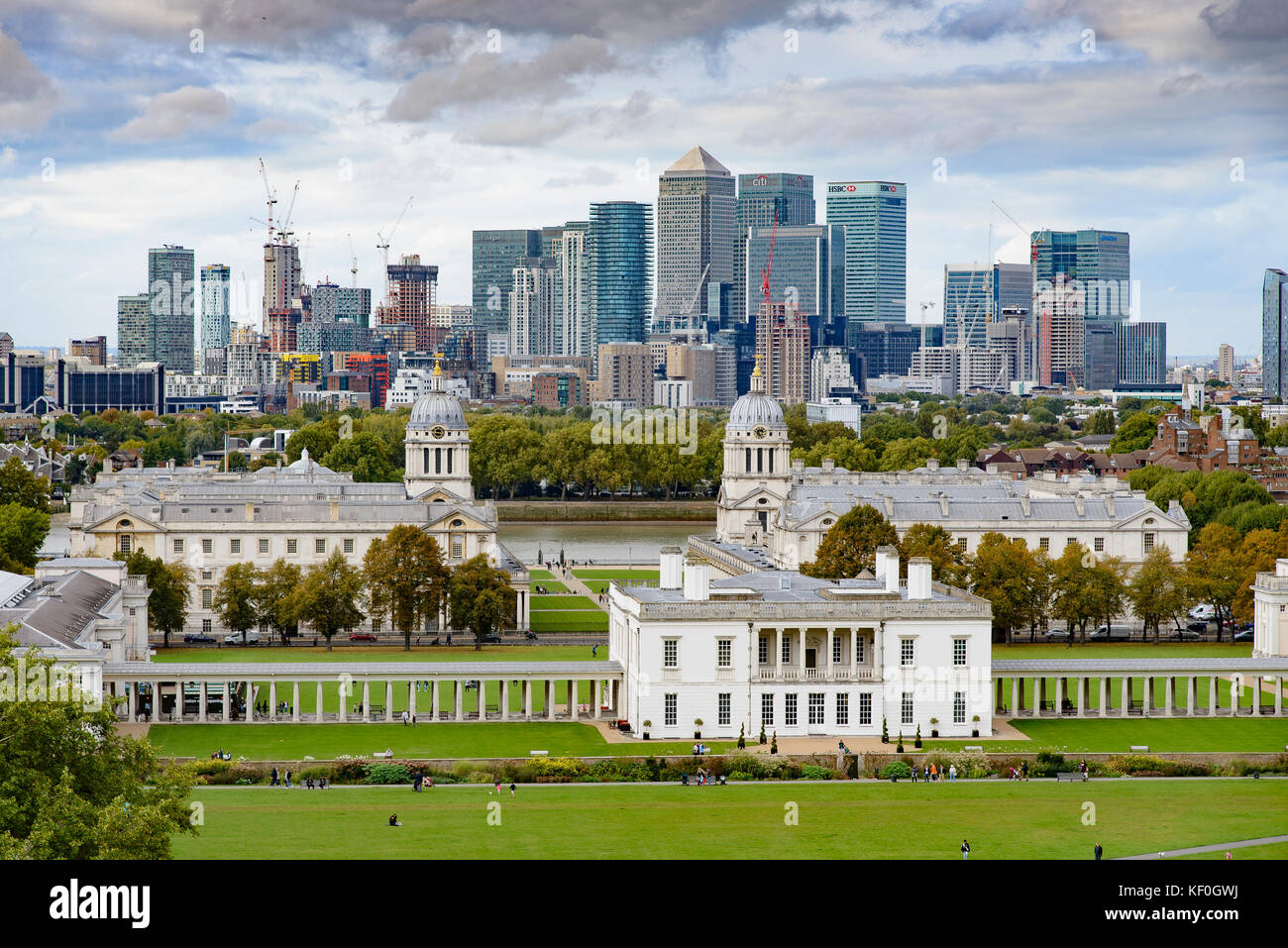 Vista della città di Londra da Greenwich, Londra. Foto Stock