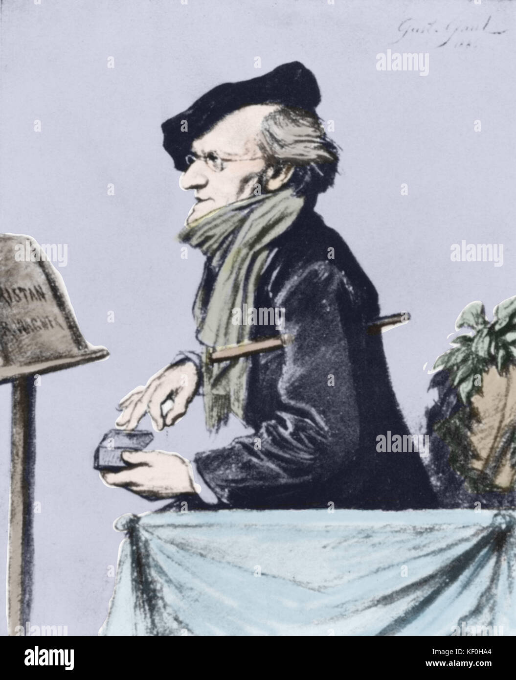 Richard Wagner ripassando "Tristano e Isotta", 1865 - caricatura di Gustav Gallia. Compositore tedesco & autore, 22 maggio 1813 - 13 febbraio 1883. Versione Colorised. Compositore tedesco & autore, 22 maggio 1813 - 13 febbraio 1883. Foto Stock