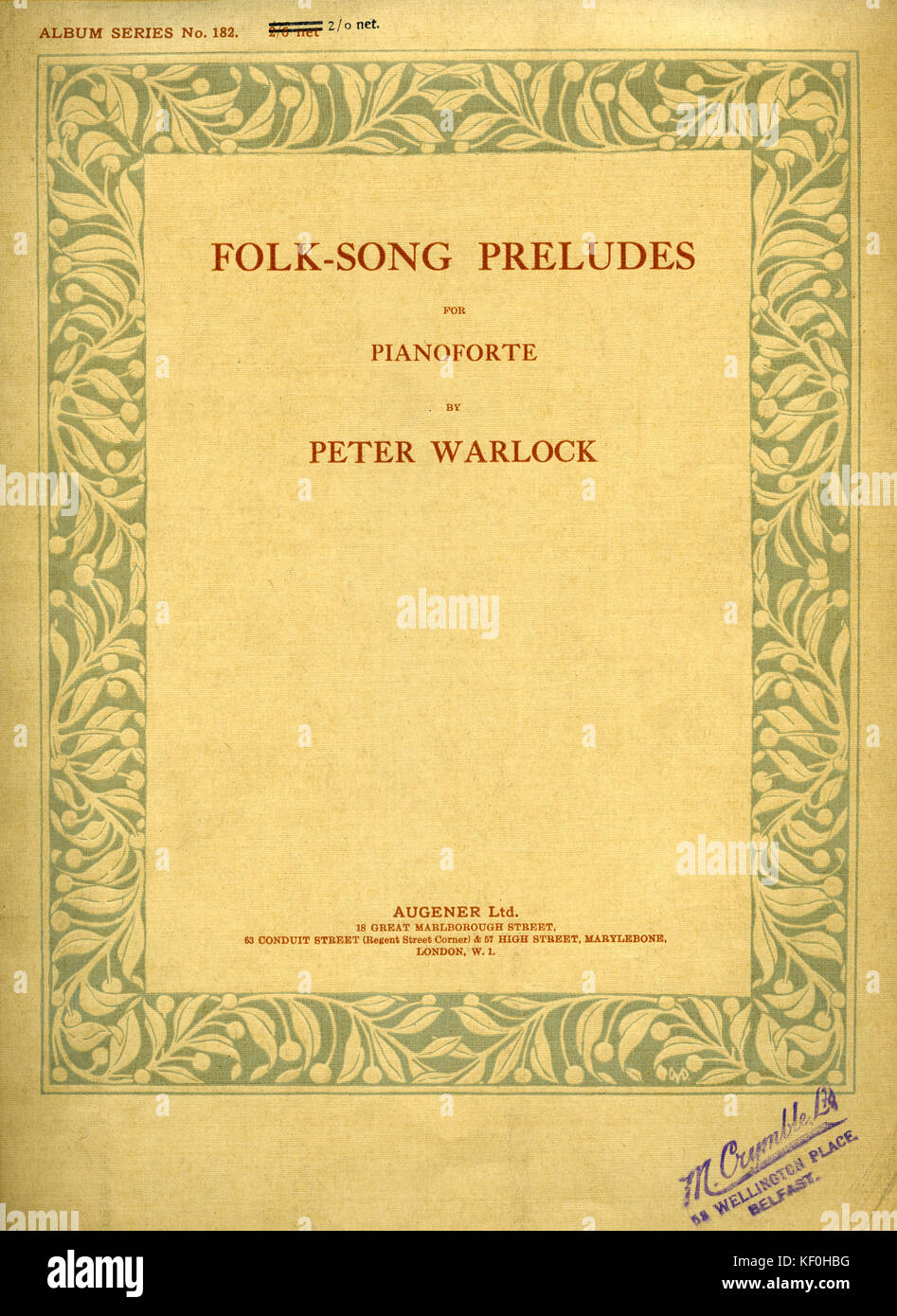 Peter Warlock 's ' Folk-Song Preludi per pianoforte.' Coperchio del cliente. Pubblicato da Augener, Londra, 1923. Peter Warlock (nato Peter Arnold Heseltine), Anglo-Welsh compositore e critico musicale, 30 Ottobre 1894 - 17 dicembre 1930. Foto Stock