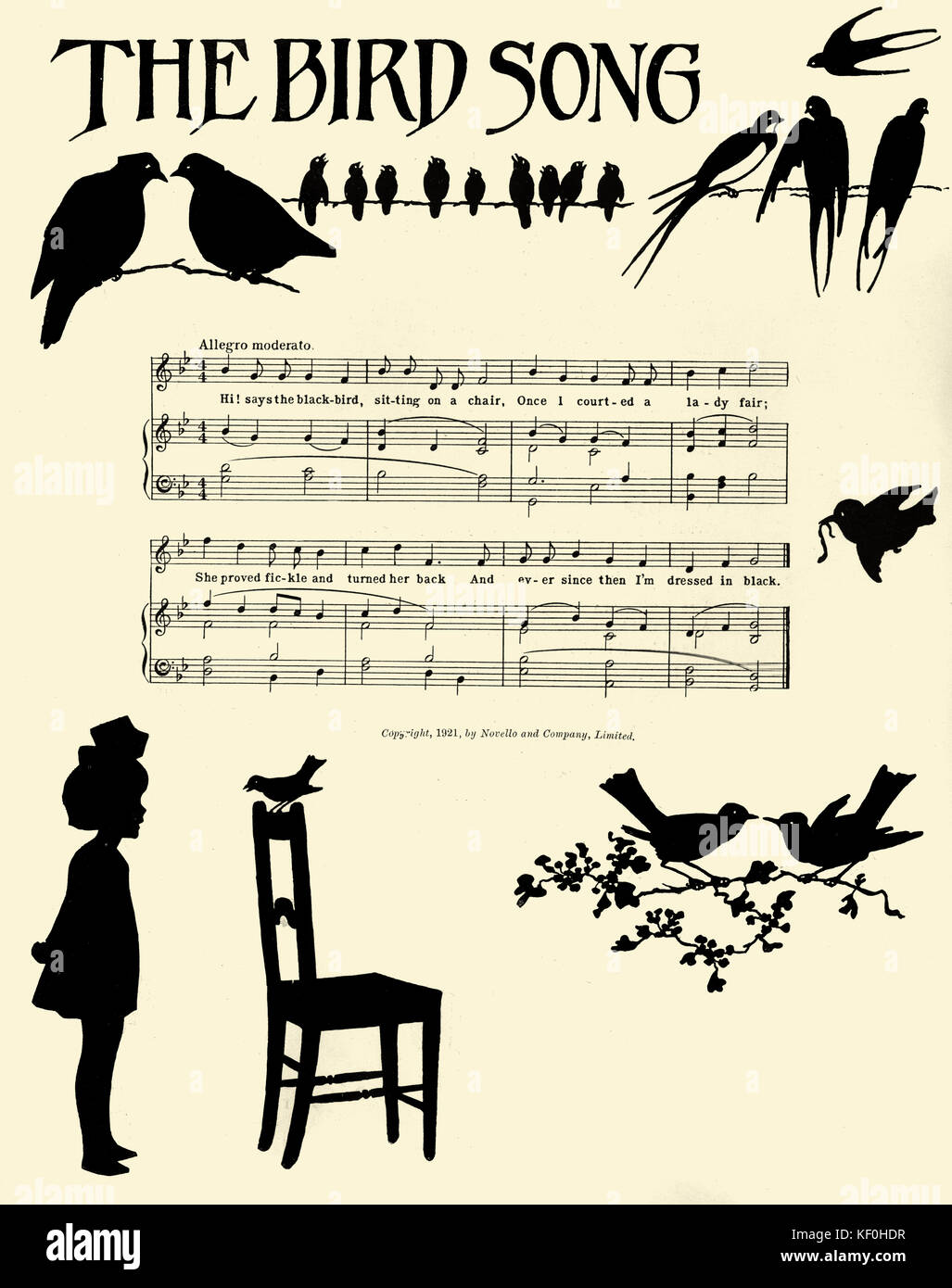 Cecil J. Sharp 's 'L'UCCELLO CANTO' dal "Nursery canzoni da monti Appalachi", illustrato da Esther Mackinnon. Punteggio ottenuto e silhouette di illustrazioni. Pubblicato da Novello & Co. di Londra, 1921. Editor inglese e collezionista di canzoni, 22 novembre 1859 - 28 giugno 1924. Foto Stock