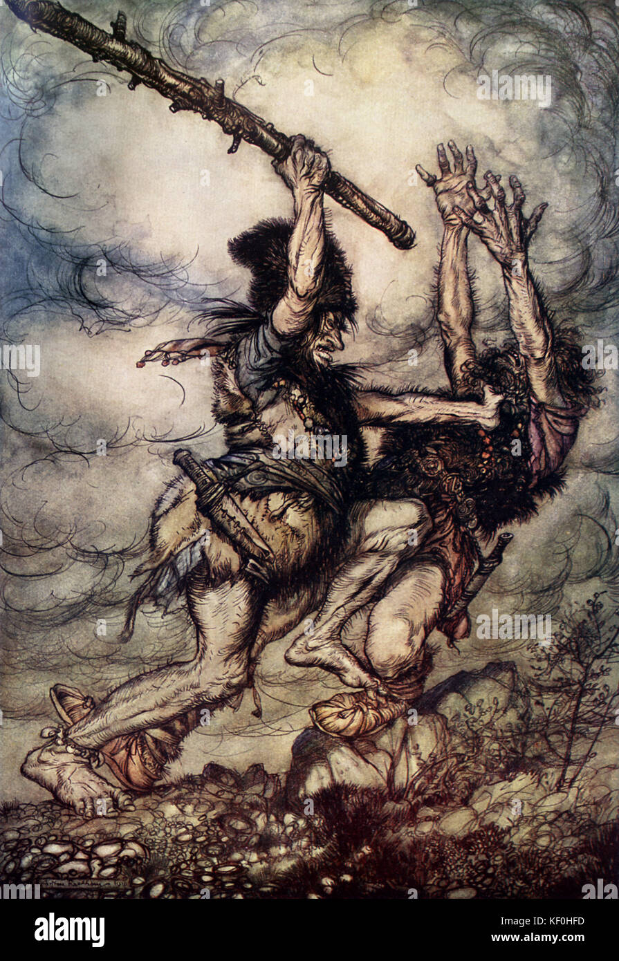 Il Rhinegold / Das Rheingold di Richard Wagner. Il gigante Fafner omicidi suo fratello Fasolt. Illustrazione di Arthur Rackham 1867 - 1939. Didascalia: 'Fafner uccide Fasolt' Scena 4. Da 'l'anello ciclo' / 'Der Ring des Nibelungen'. RW del compositore tedesco & autore, 22 maggio 1813 - 13 febbraio 1883. Foto Stock