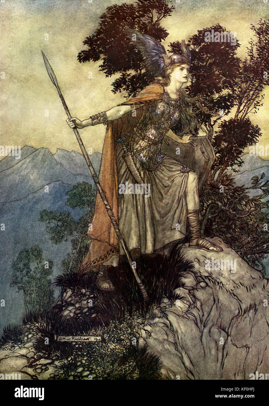 La valchiria / Das Walküre di Richard Wagner. La valchiria Brünnhilde. Illustrazione di Arthur Rackham 1867 - 1939. Didascalia: 'Brünhilde' Atto 2. Da 'l'anello ciclo' / 'Der Ring des Nibelungen'. RW del compositore tedesco & autore, 22 maggio 1813 - 13 febbraio 1883. Foto Stock