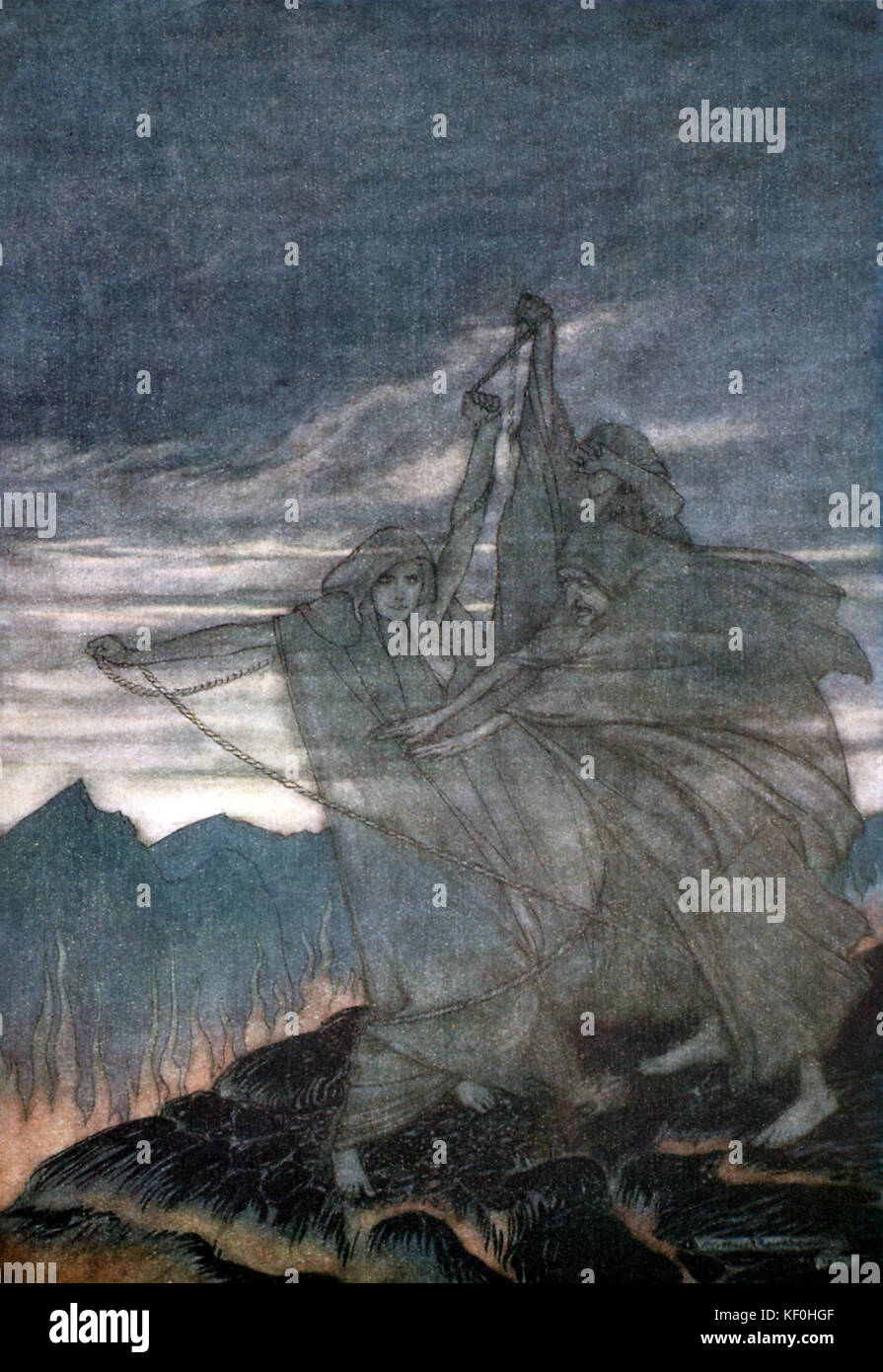 Il crepuscolo degli dei / Göttterdämmerung da Richard Wagner. I tre Norns scompaiono. Illustrazione di Arthur Rackham 1867 - 1939. Didascalia: 'L'Norns svaniscono' preludio. Da 'l'anello ciclo' / 'Der Ring des Nibelungen'. RW del compositore tedesco & autore, 22 maggio 1813 - 13 febbraio 1883. Foto Stock