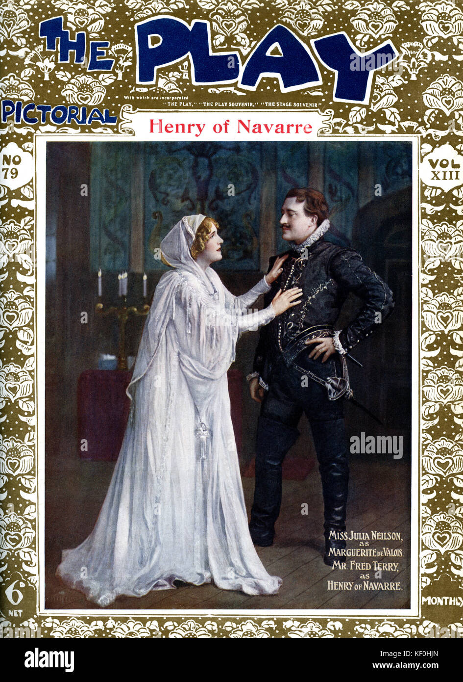 "Enrico di Navarra' da William Devereux, con Fred Terry nel ruolo del titolo (9 novembre 1863 - 12 Aprile 1933) e Julia Neilson come Marguerite de Valois (12 giugno 1868 - 27 Maggio 1957). Coperchio della riproduzione pittorica, 1908. Foto Stock