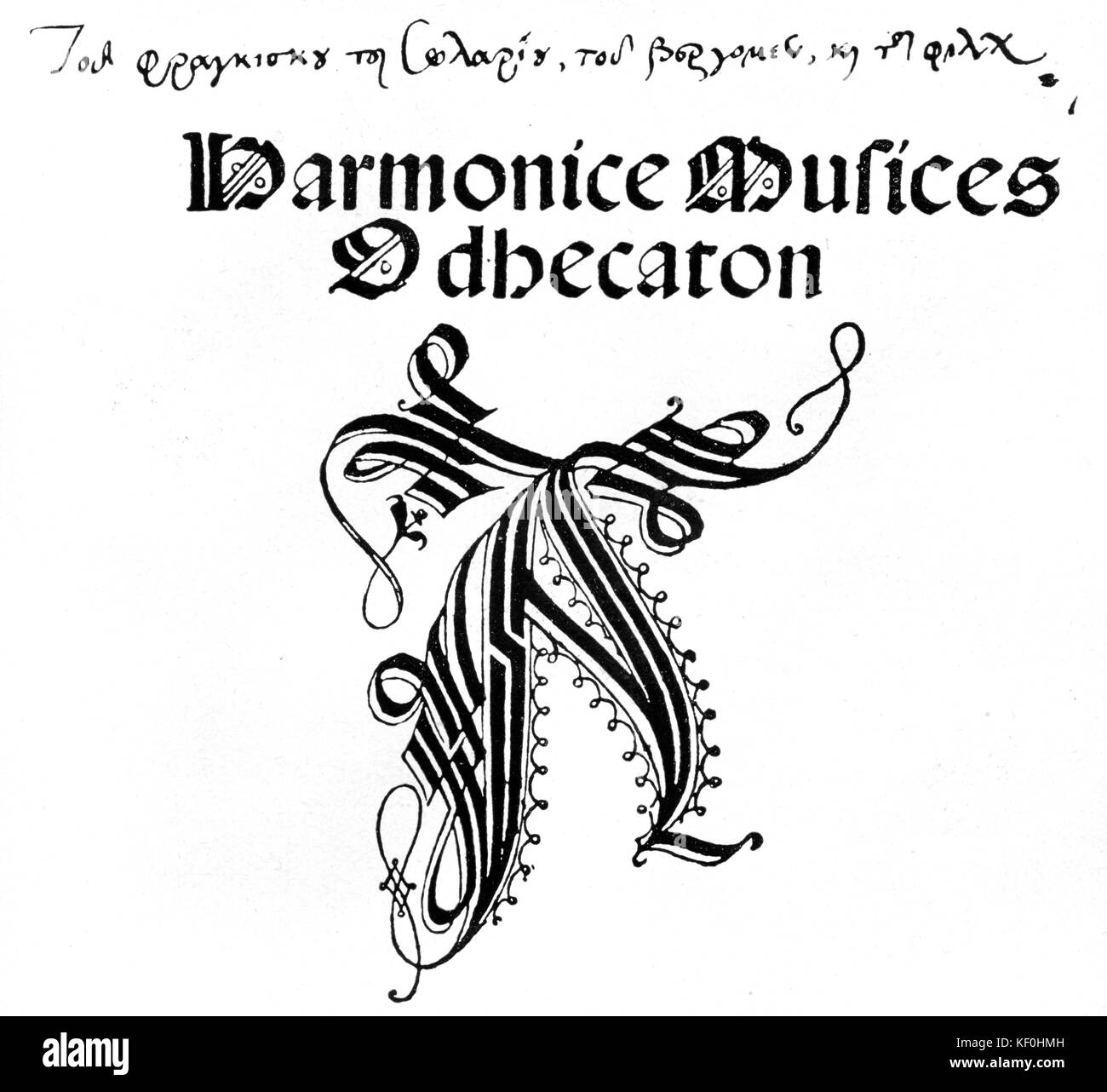 Frontespizio di Harmonice Musices Odhecaton da Ottaviano Petrucci, Venezia, 1504. HMO primo libro di musica per essere stampato con mobile tipo; OP stampante italiano 18 Giugno 1466 - 7 maggio 1539. Foto Stock