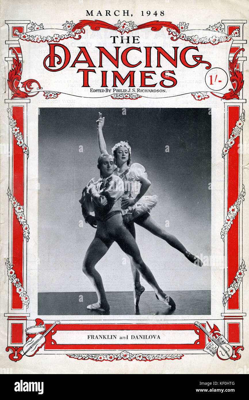 Franklin e Danilova, "La Danza di volte di copertura, marzo 1948. Freddy Franklin e Alexandra Danilova nel balletto Russe de Monte Carlo produzione di 'Rayomonda'. FF, British ballerina, b. Il 13 giugno 1914. Annuncio, Russo prima ballerina, 20 novembre 1903 - 13 luglio 1997. Foto Stock