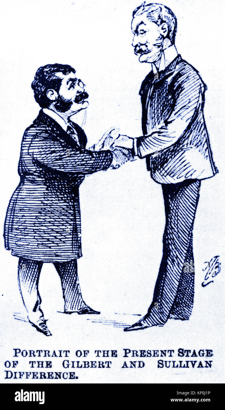 Gilbert e Sullivan fare ammenda. Il 'tappeto litigare' risolta: cartone animato da Alfred Bryan nella rivista "Judy', 4 giugno 1890. WSG: Inglese poeta, commediografo e librettista, 18 novembre 1836 - 29 maggio 1911. Come: compositore inglese, 13 maggio 1842 - 22 novembre 1900. Versione oscurata. Foto Stock