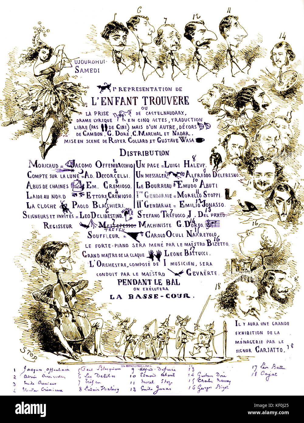 Poster per falsificare le prestazioni dei Verdi di Offenbach. 'L'Enfant Trouvere' basato su Il Trovatore . I nomi sono stati Italiansed per leggere 'Jacomo Offembacchio' e 'Luigi Halevy' (Ludovic), e include il 'Grand Maitre de la Claque', ' orchestra composta da un musicista…". Le prestazioni di sabato nella primavera del 1857 da Offenbach nel suo appartamento in Rue Laffitte, Parigi. Tedesco/compositore francese, 20 Giugno 1819 - 5 ottobre 1880. Versione oscurata. Foto Stock