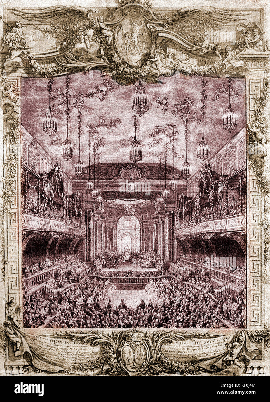 Prestazioni in Versailles, 1745. Dopo una incisione. La Monarch al momento Louis XV 1 Settembre 1715 - 10 maggio 1774. Versione oscurata. Foto Stock