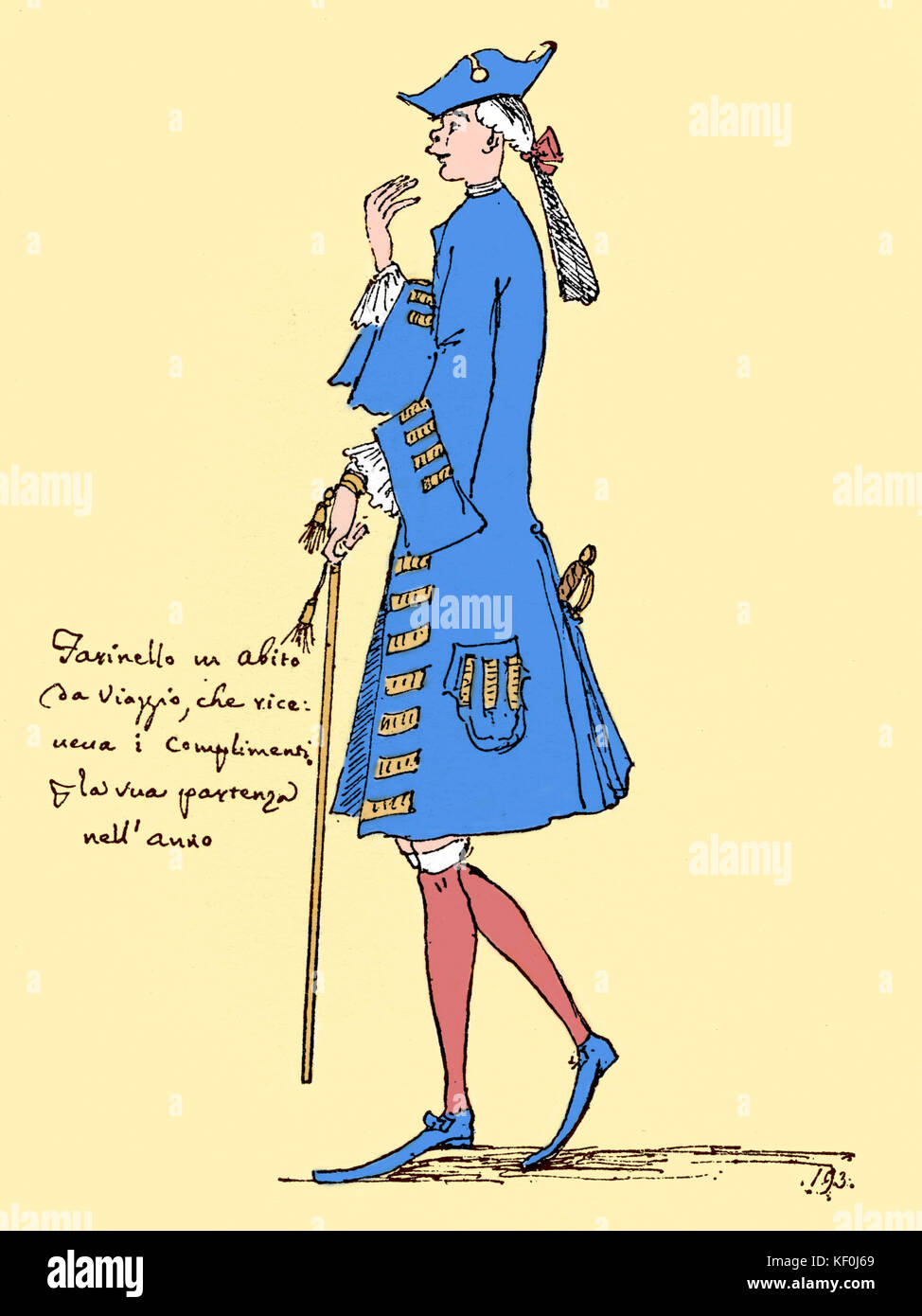 Farinelli in costume - disegno contemporaneo. Maschio italiano soprano - castrati castrato 1705-1782. Versione Colorised. Foto Stock