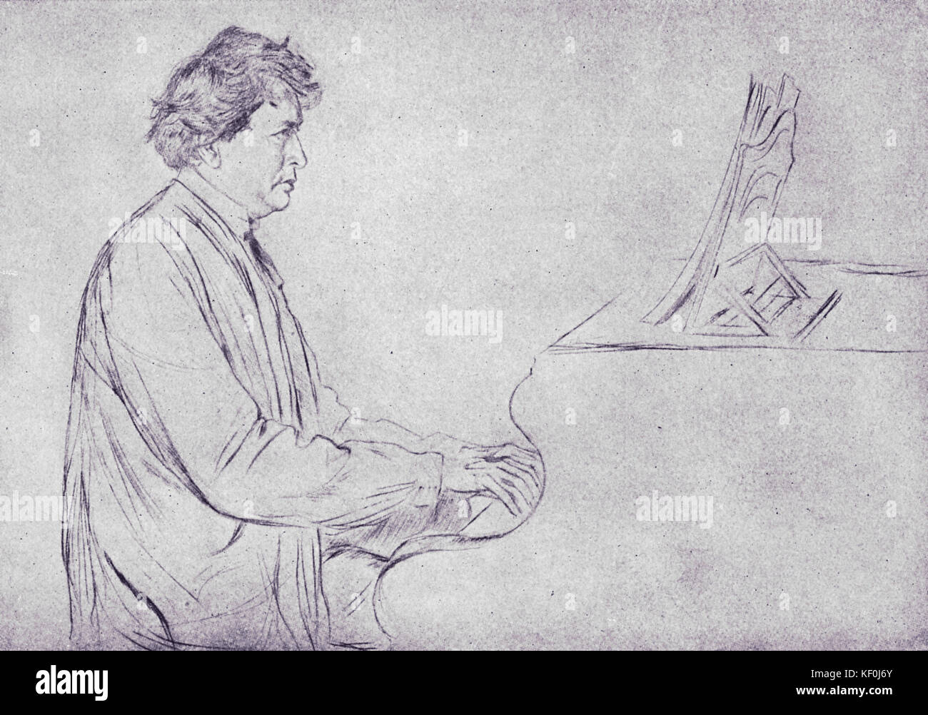 Ferruccio Busoni al pianoforte, schizzo da Ernst Oppler. Italo-pianista e compositore, 1 Aprile 1866 - 27 Luglio 1924 Foto Stock