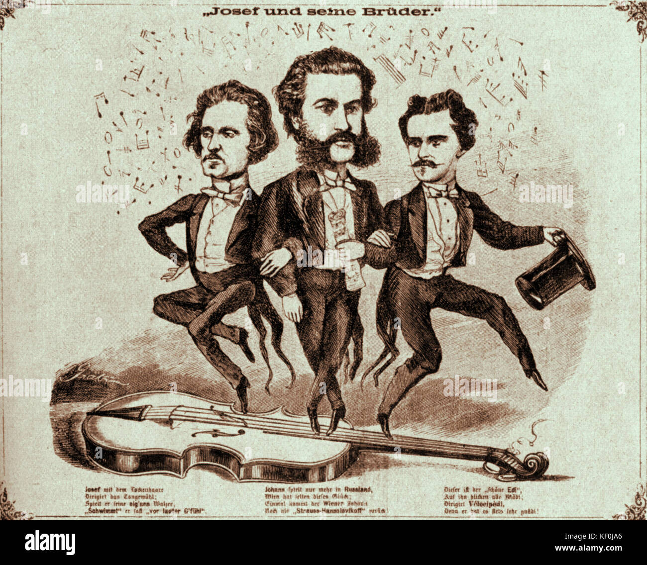Strauss fratelli caricatura intitolato "Josef und seine Bruder" da Zeitgeist 1869. Josef S. Strauss 1827-70. Johann Strauss 1825-99. Eduard Strauss 1835-1916 Foto Stock