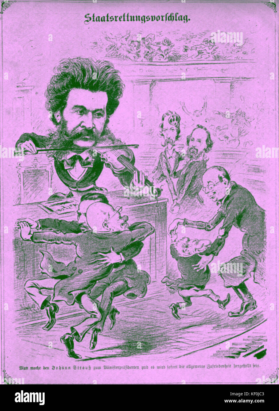 Johann Strauss II caricatura da 'Kikeriki' (Vienna). Strauss conciliare i membri contrapposti del parlamento austriaco -Taaffe,Herbst, Hohenwart, Kopp, Greuter. Il compositore austriaco, conduttore e violinista 1825-1899 Foto Stock