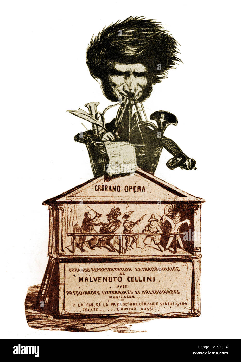 Hector Berlioz, Benvenuto Cellini caricatura. La caricatura 'Malvenuto Cellini' dalla caricatura Provisoire 1 Novembre, 1838 (Berlioz come l'Orchestra). Il compositore francese, 1803-1869. Foto Stock