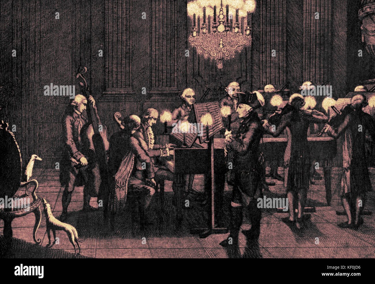 Concerto di flauto a Federico il Grande 's court da Chodowiecki. Federico il Grande suonare il flauto orchestra precoce. Clavicordo. Foto Stock