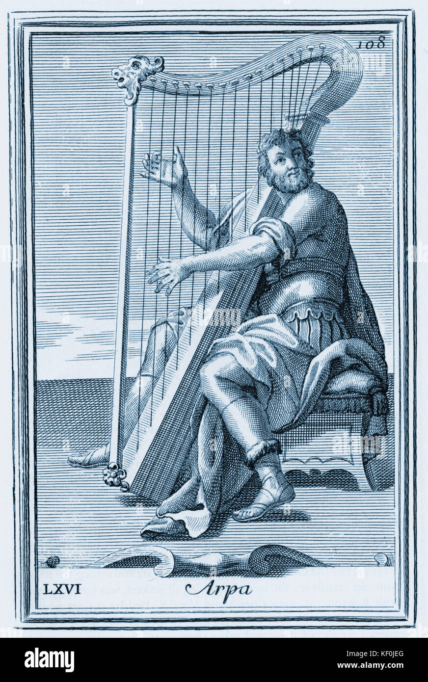 Il suonatore d'arpa del XVIII secolo da Bonanni il Gabinetto armonico. Pubblicato 1723. Incisione di Arnold van Westerhout. Illustrazione 66 - Arpa Foto Stock
