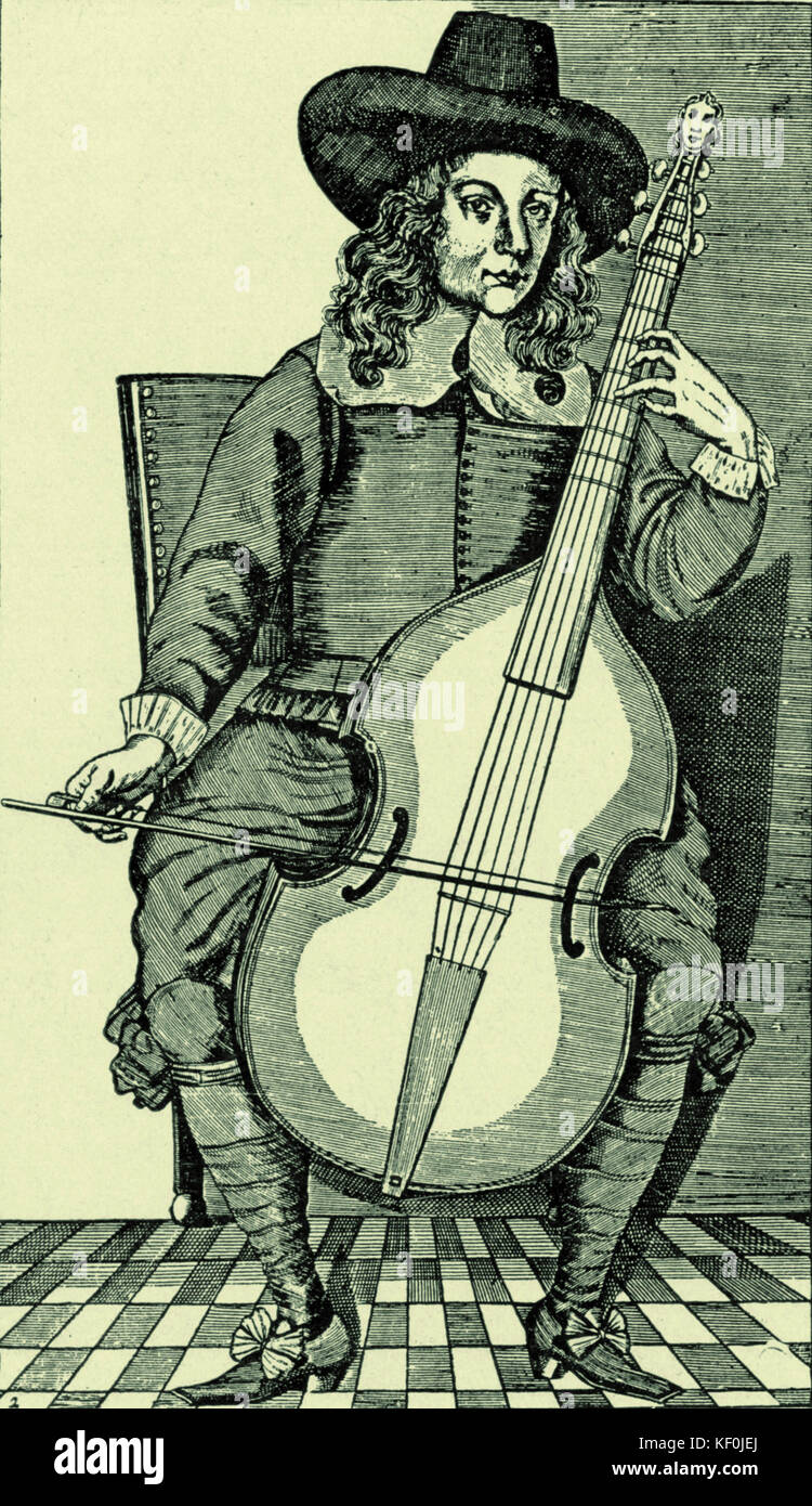 Christopher Simpson - virtuoso sul la viola da gamba, disegno illustra il metodo di trattenere la viola da gamba su titlepage di Division-Violist. Pubblicato London 1659. Simpson 1610-1669 Foto Stock