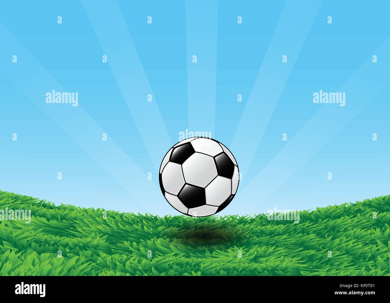 Pallone da calcio in erba con cielo azzurro sfondo, calcio vettore retrò palla di cuoio bianco nero - illustrazione vettoriale Illustrazione Vettoriale