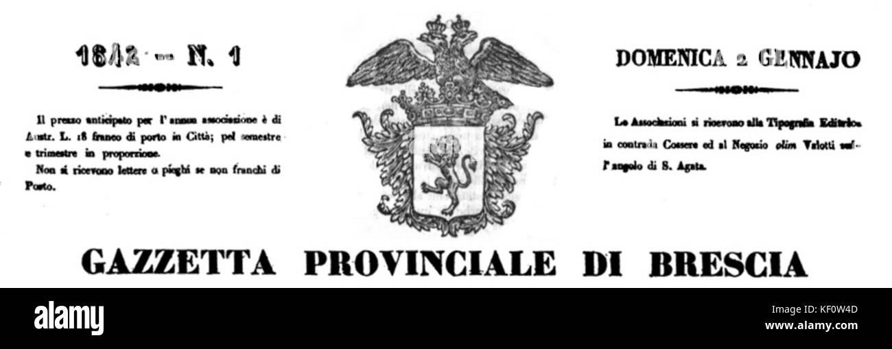 Gazzetta provinciale di Brescia 18420102 testata Foto Stock