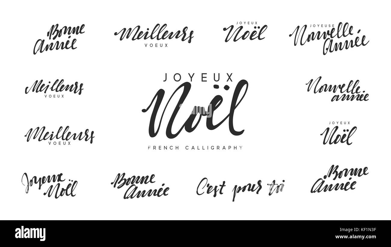 Lettering francese joyeux noel, meilleur voeux, bonne annee. Illustrazione Vettoriale