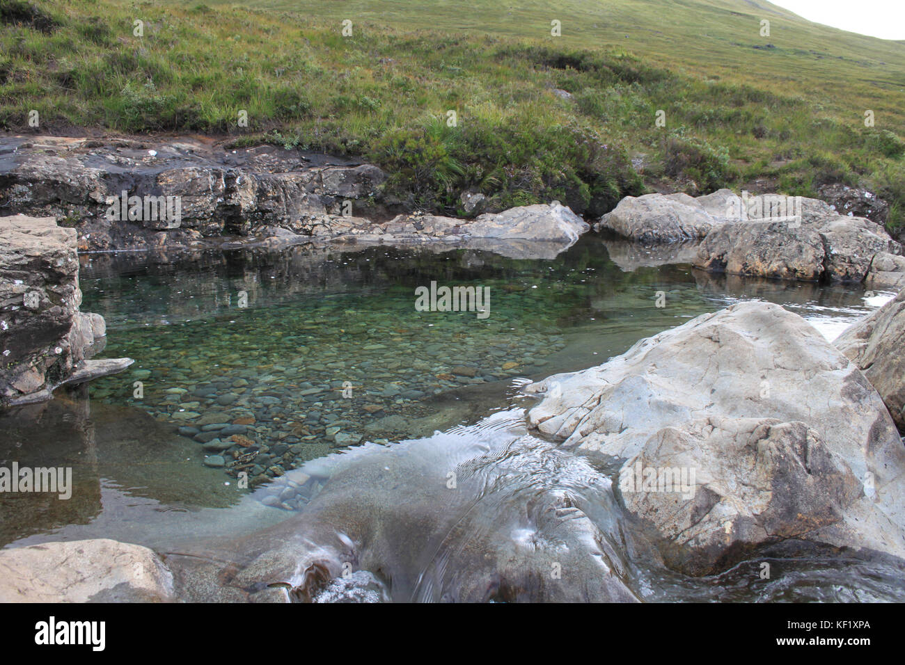 Una chiara fairy tranquilla piscina con un fondo roccioso. Foto Stock