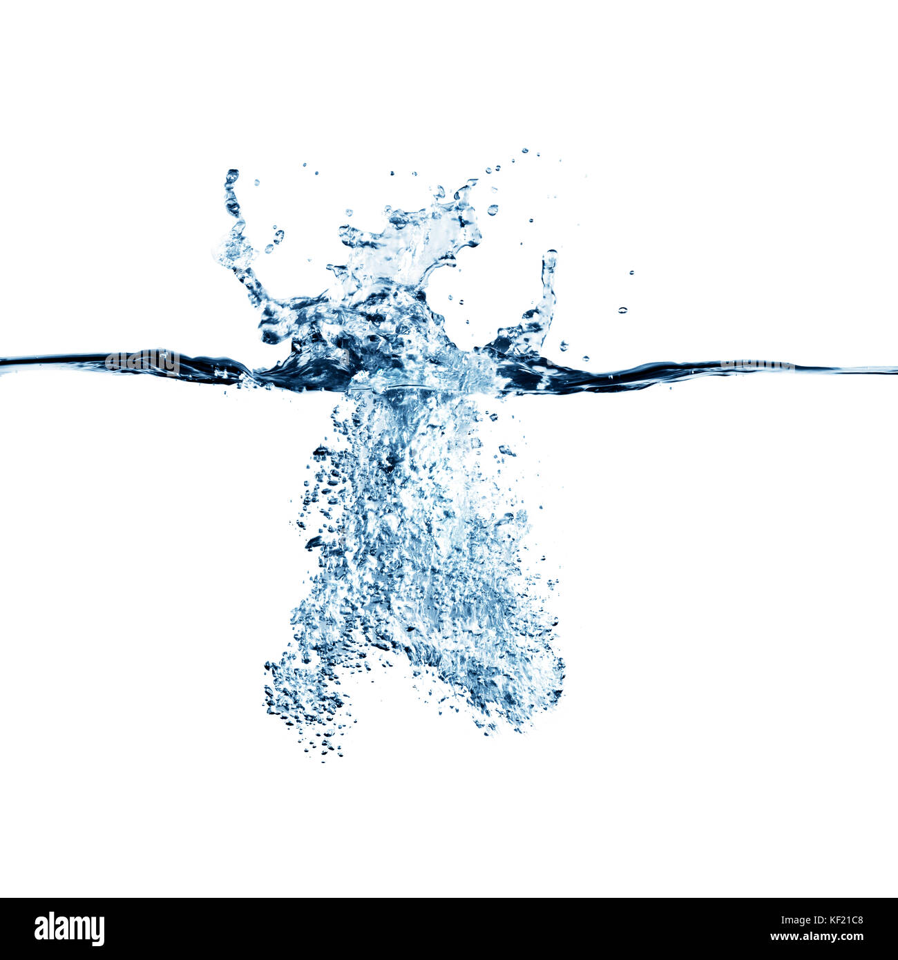 Drammatica blu acqua splash, gocce di acqua e bolle di aria isolata su bianco Foto Stock