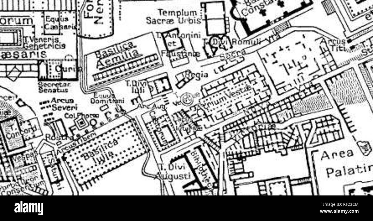 Una mappa del foro Romano, un antico sito romano che era il cuore della vita pubblica nell'antica Roma. Questa mappa descrive in dettaglio il layout e le caratteristiche principali dell'area durante l'Impero Romano. Foto Stock