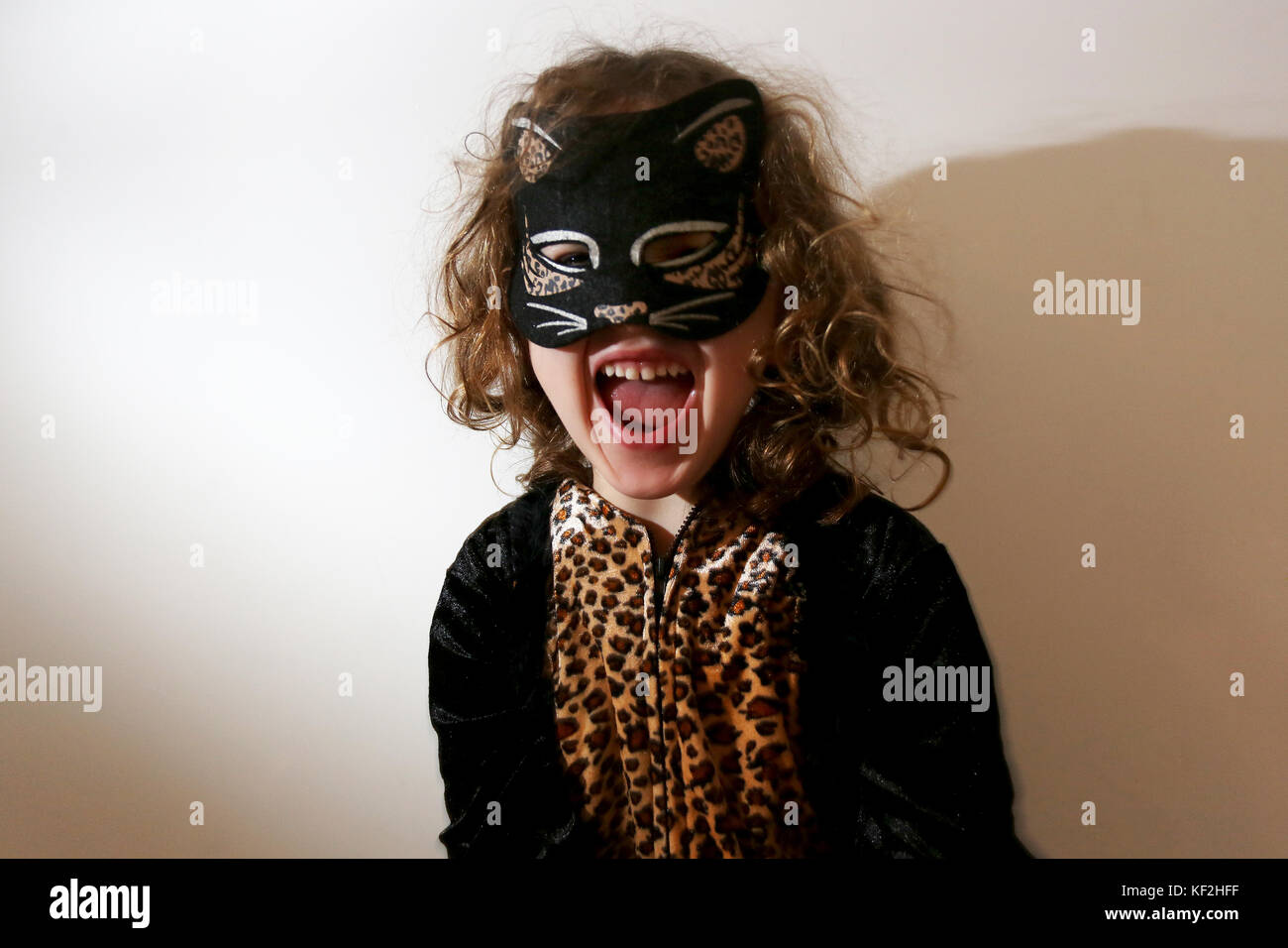 Bellissima bambina vestito come un gatto su uno sfondo bianco. Halloween,  carnevale ragazza in un costume di cat Foto stock - Alamy