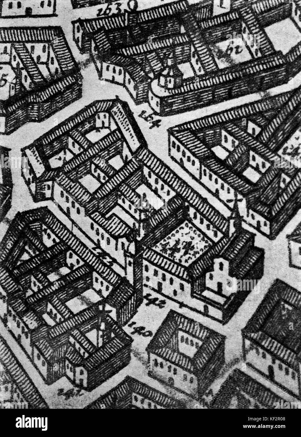 Vista aerea di S Maria della Scala e la sua vicinanza. Da una carta topografica di Milano nel XVIII secolo. A cura di R G Alberts, 1724. Foto Stock