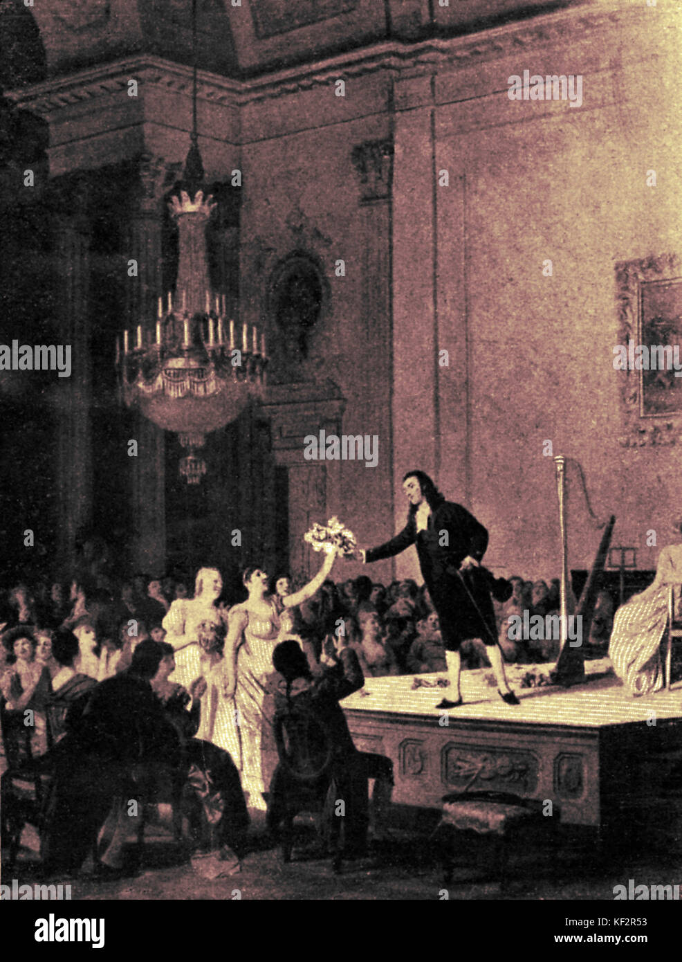 PAGANINI, Niccolo, essendo acclamato a fine concerto e dato un mazzo di fiori da un ardente ammiratore di sesso femminile. L'Italiano violinista e compositore (1782-1840) Foto Stock