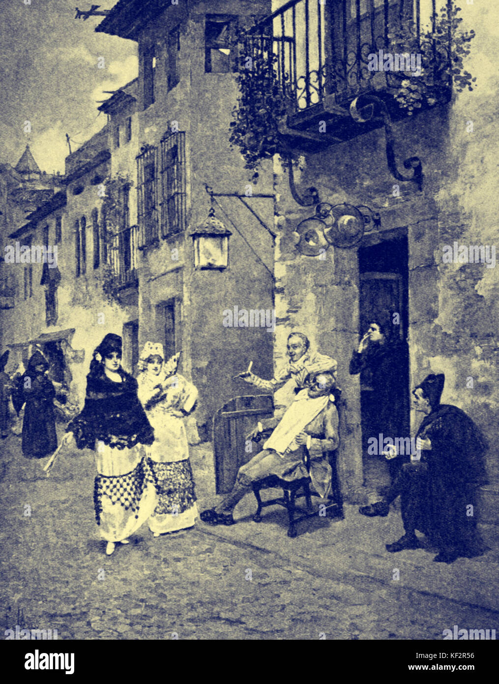 Gioacchino Rossini opera "Barbiere di Siviglia", scene di strada. Dopo la pittura di F. Maso. Compositore italiano, 29 Febbraio 1792 - 13 novembre 1868. Foto Stock