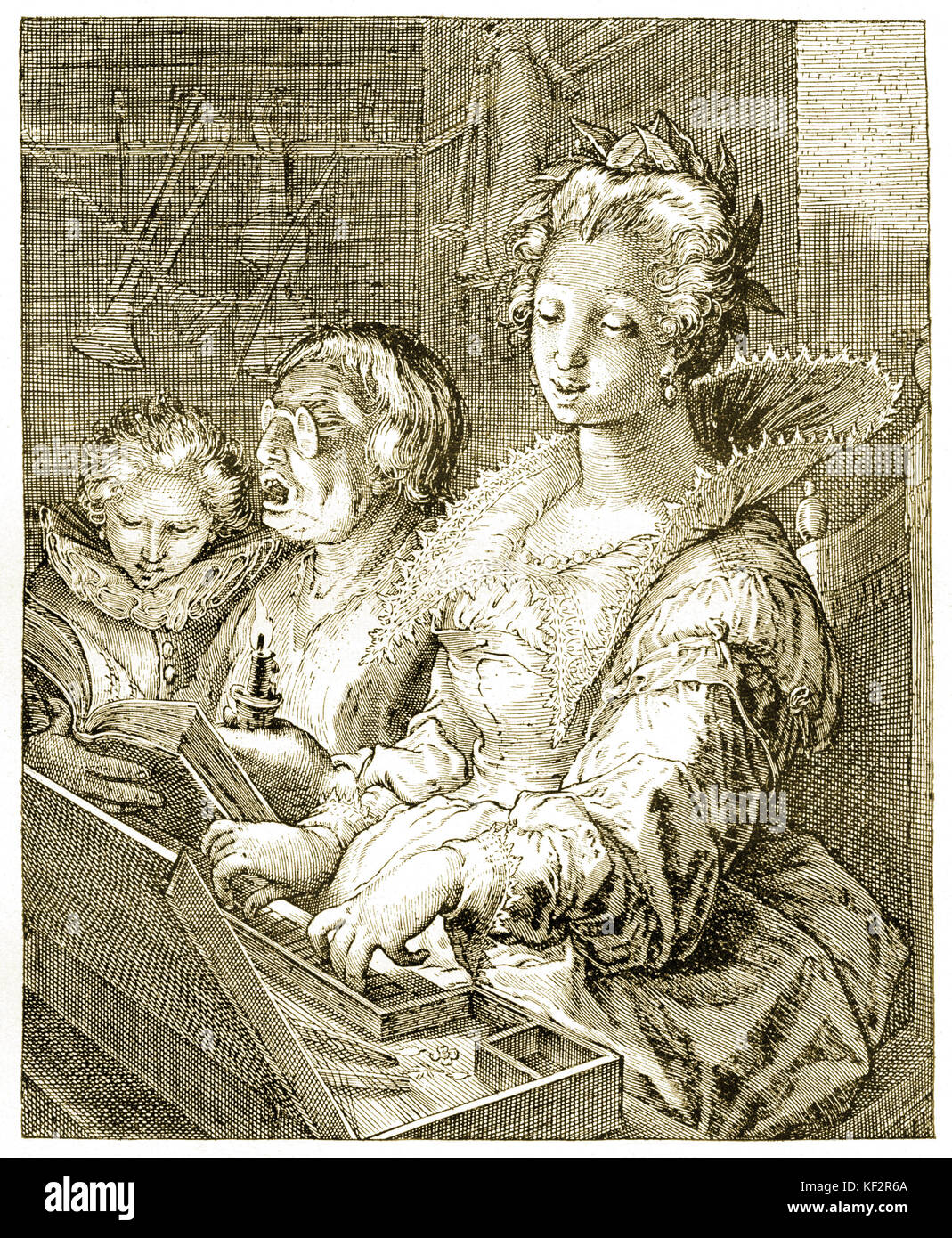 " La Signora alla spinetta' con liuto player e cantanti. Incisione di Hendrik Goltzius. (1558-1617) Foto Stock