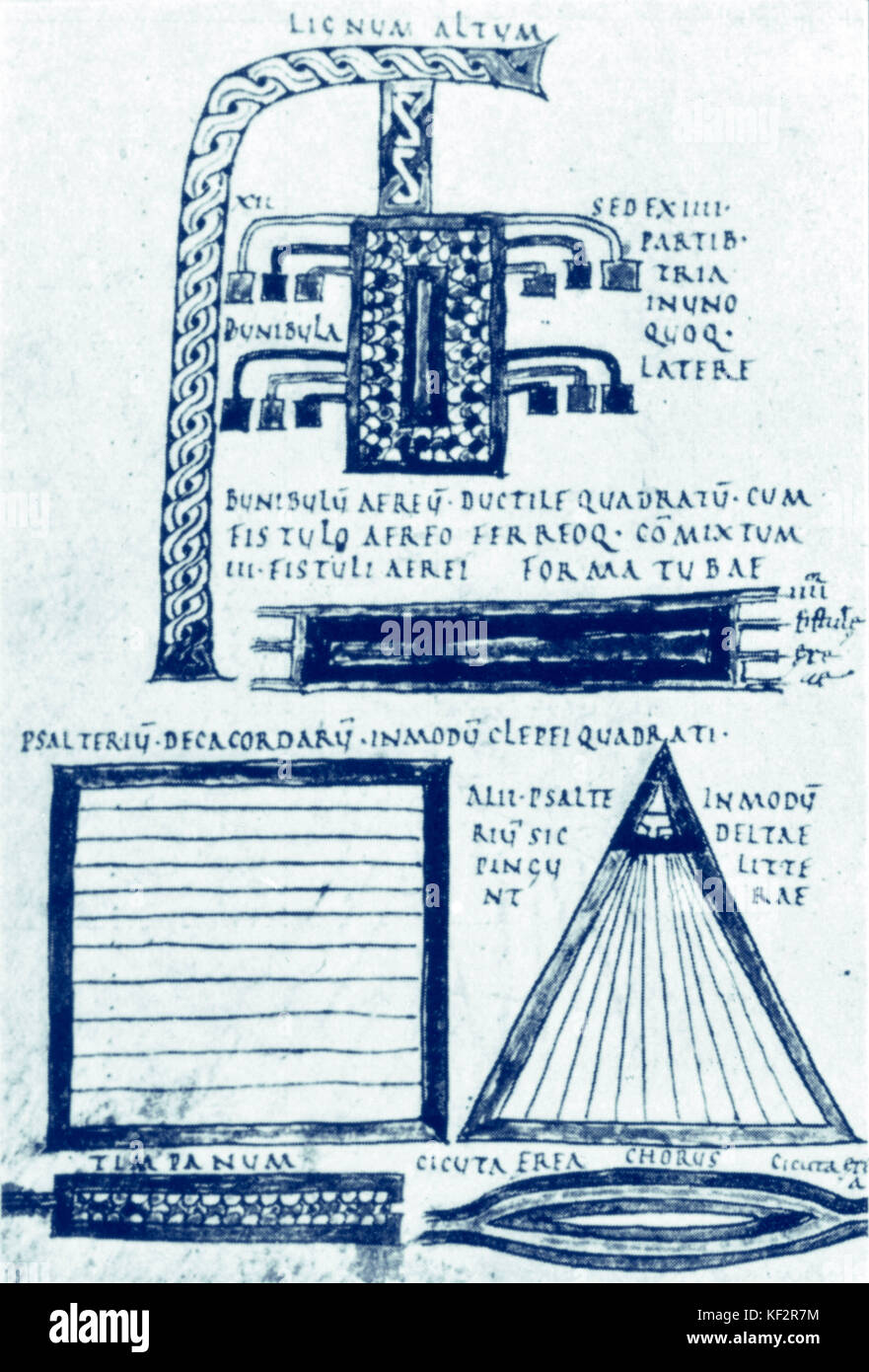 Anicius Manlius Severinus Boezio. Pagina dal suo trattato 'De Musica' che mostra vari strumenti, di cui dieci corde del Salterio. Filosofo romano e teorico (475-524). Foto Stock