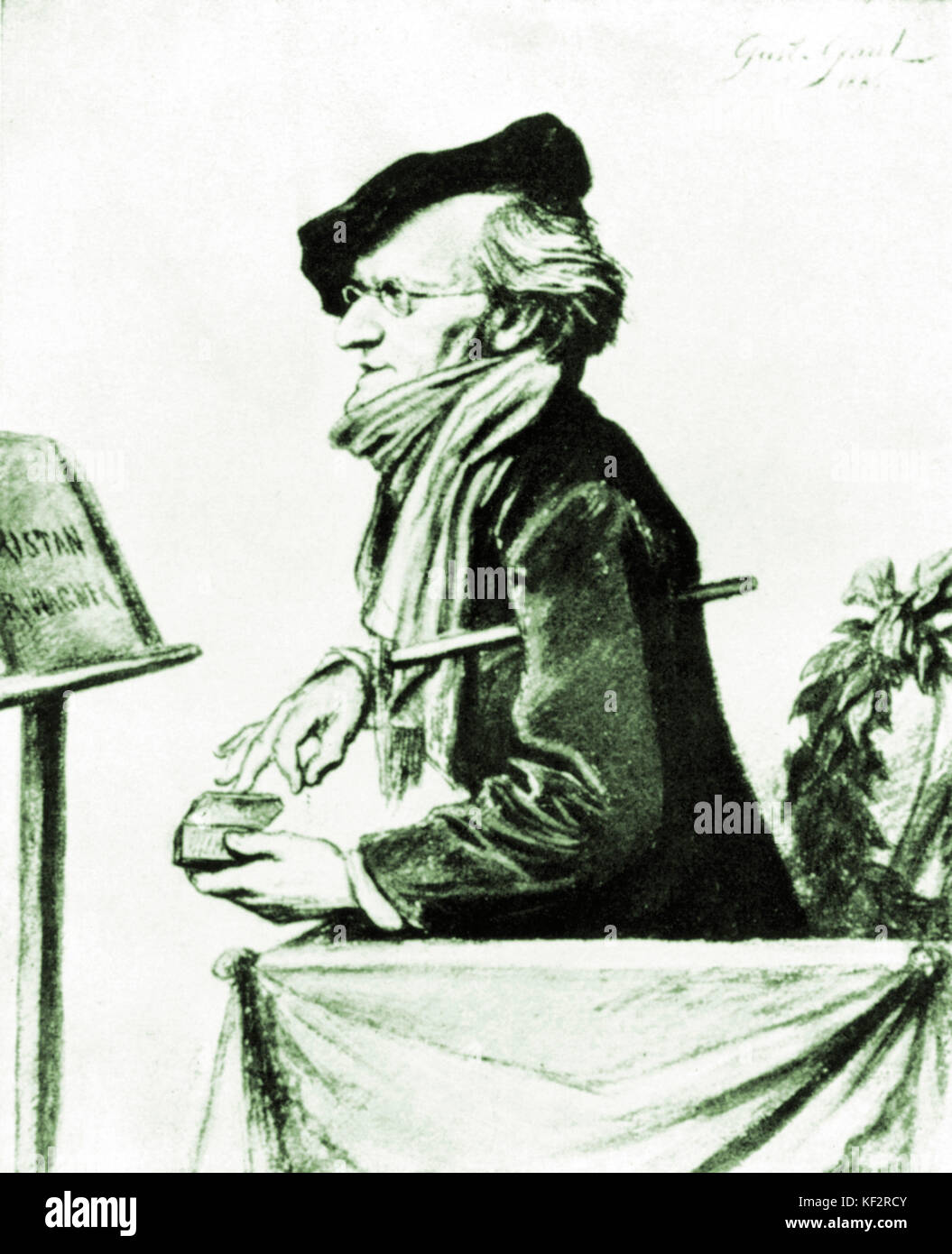 Richard Wagner ripassando "Tristano e Isotta", 1865 - caricatura di Gustav Gallia. Compositore tedesco & autore, 22 maggio 1813 - 13 febbraio 1883. Foto Stock