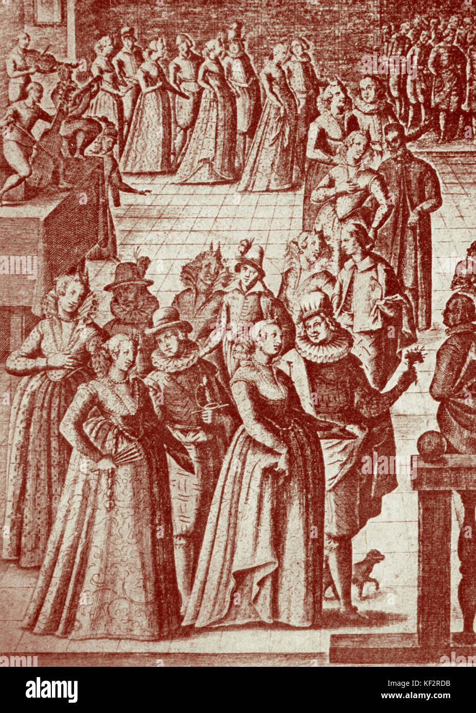 Danza - Rinascimento - Italia, 1610 "La passeggiata di una corte Ball' musicisti di suonare il violino e vioi in background Foto Stock