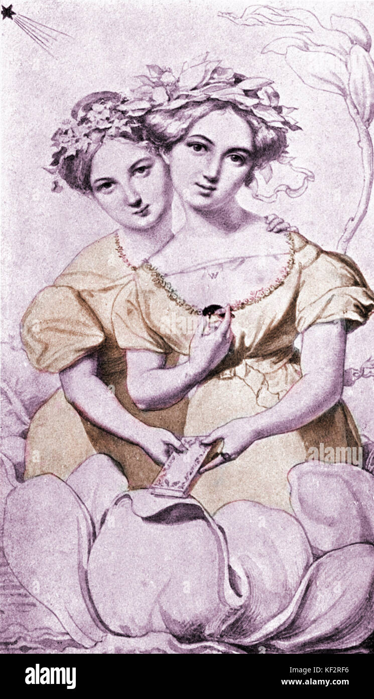 MENDELSSOHN le suore, Fanny e Rebecca(a sinistra), 1828. Il nero di seppia, da Wilhelm Hensel (1794-1861). Compositore Tedesco, 1809-1847. Foto Stock