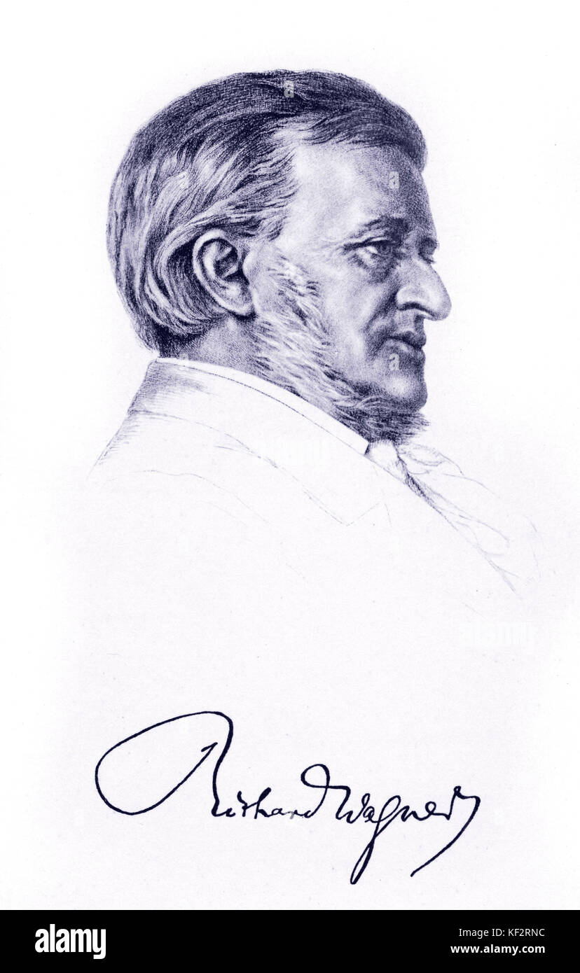 Richard Wagner, ritratto, disegno con firma. Compositore tedesco & autore, 2 maggio 1813 - 13 febbraio 1883. Foto Stock
