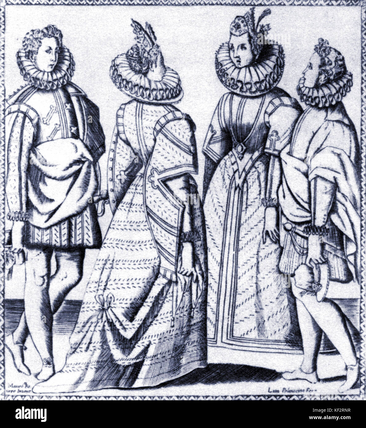 Xvi secolo dopo incisione Giovanni Mauro della Rovere che mostra due coppie di ballerini della volta. Elizabethan amor cortese. Foto Stock