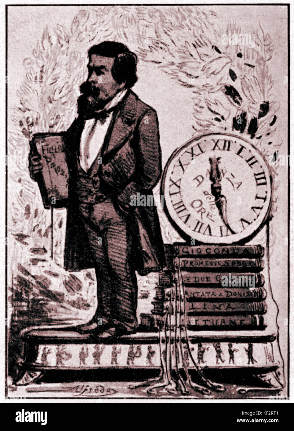 Amilcare Ponchielli - caricatura del compositore italiano di Alfredo Edel. Si legge: un te codesta pendola - Sei cariglioni aduna - Io te la porgo accettala - Ti portera fortuna italiano. 31 Agosto 1834 - 17 gennaio 1886. Foto Stock