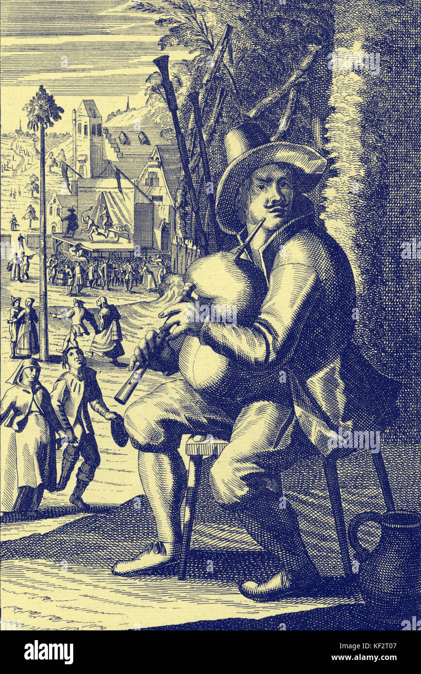 Inizio incisione del XVIII secolo di uomo con cornamuse. Incisione di J C Weigel (1661-1726). Cornamuse / bagpiper Foto Stock