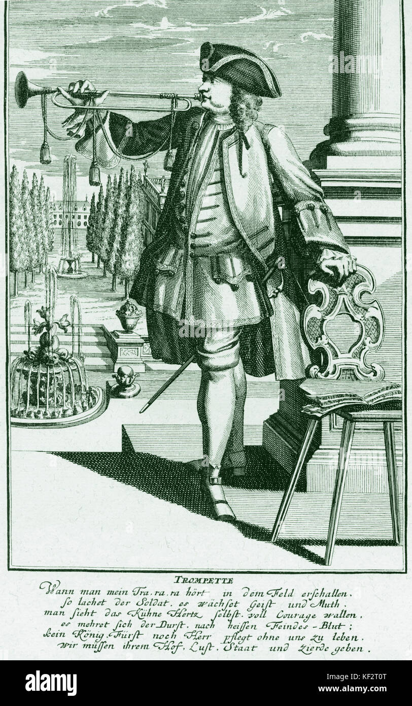 Strumenti - OTTONE - tromba uomo suonare la tromba. Incisione di J C Weigel (1661 - 1726) da 'Musikalisches Theatrum". Foto Stock