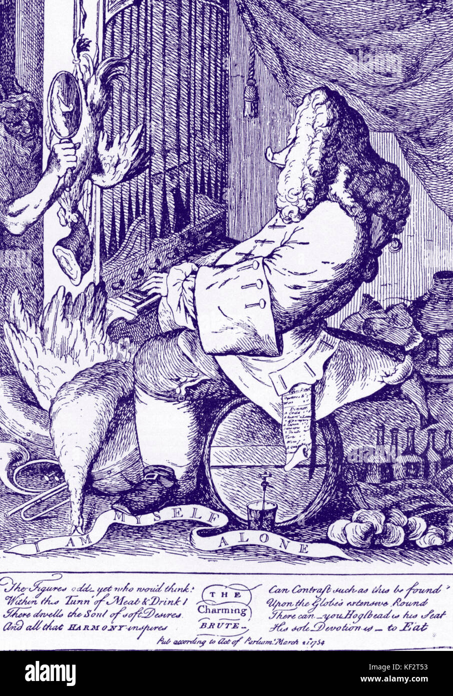 HANDEL, George Frideric. 'L'affascinante Brute'. Compositore tedesco-inglese, 1685-1759. Handel caricatura da Goupy, 1754. Foto Stock