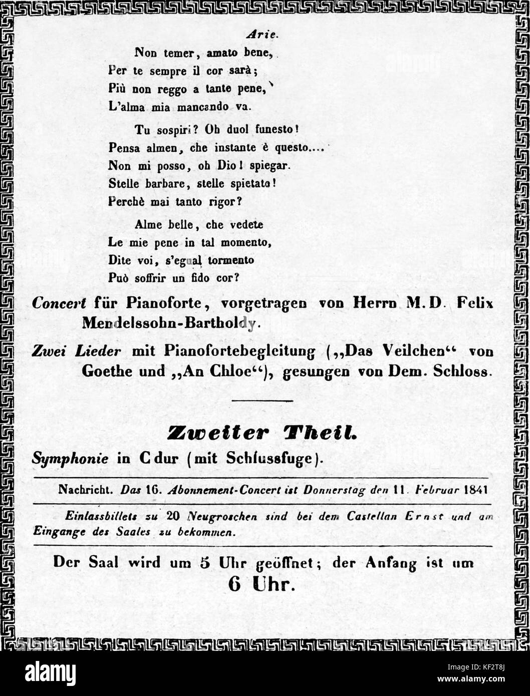 Concerto di Mozart - Programma, pagina 2. 4 febbraio 1841, Gewandeshaus, Lipsia. Disposto e in parte eseguita da Felix Mendelssohn. Compositore tedesco, 3 febbraio 1809 - 4 novembre 1847. Foto Stock