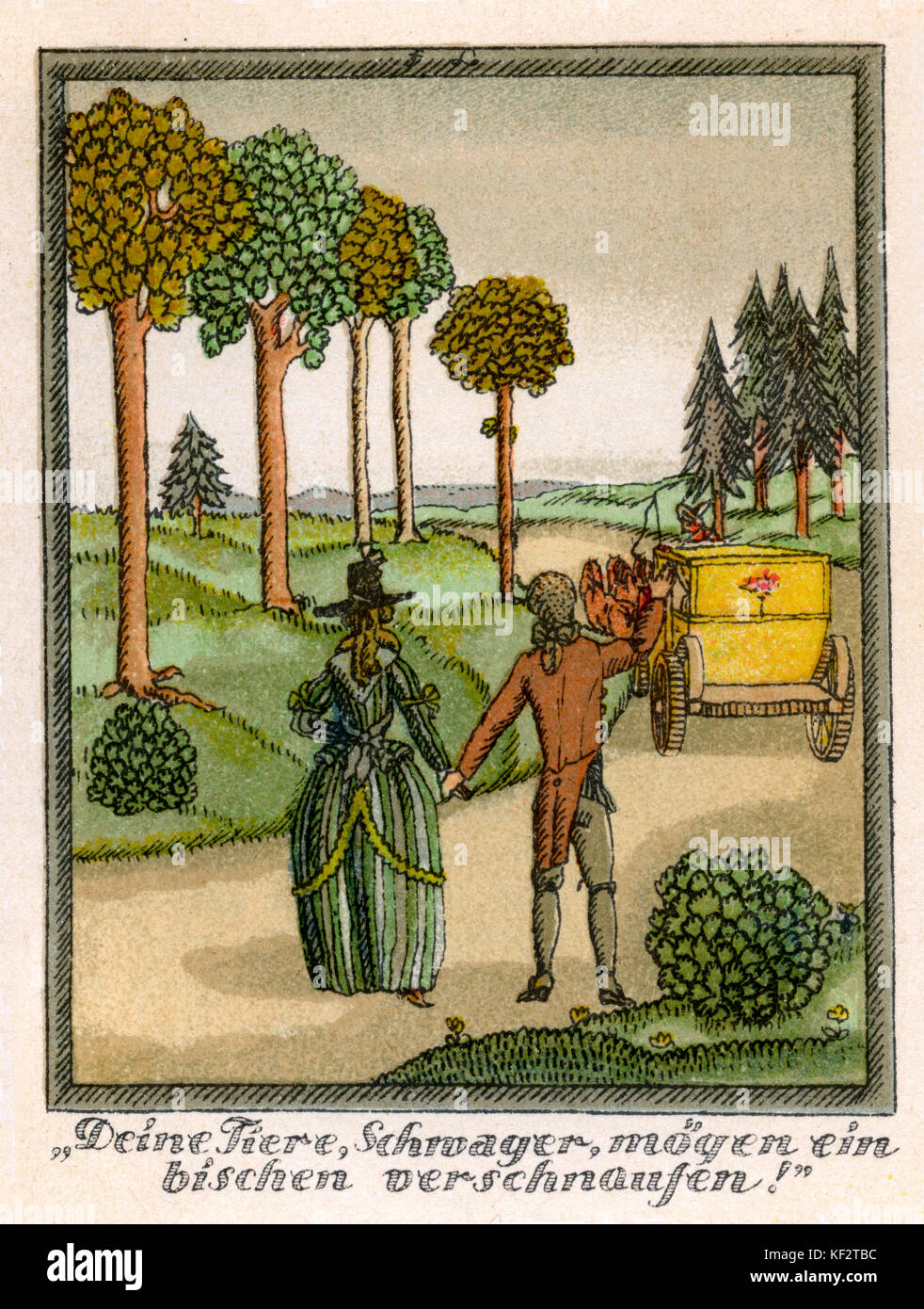 Mozart 's viaggio a Praga, 1856. Account fittizio di Mozart del viaggio con sua moglie Constanze in autunno 1787 a Praga, dove la sua opera Don Giovanni era di Premiere. La didascalia recita: "eine Tiere, Schwager, mögen ein bischen verschnaufen!" ["i vostri animali, cognato, vorrei riprendere il fiato!']. Il giovane lasciare la testa di passeggiata in campagna. EM: tedesco romantico poeta e autore, 8 settembre 1804 - 4 giugno 1875. WAM: Il compositore austriaco, 27 Gennaio 1756 - 5 dicembre 1791. Foto Stock