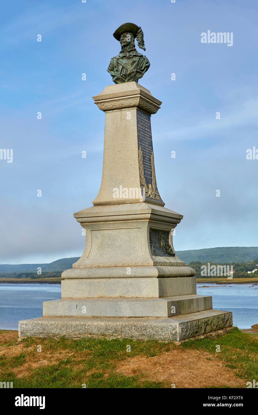 Pierre Dugua Sieur de Mons monumento, Charles Fort National Historic Site, Fort Anne, Annapolis Royal Nova Scotia, Canada Foto Stock