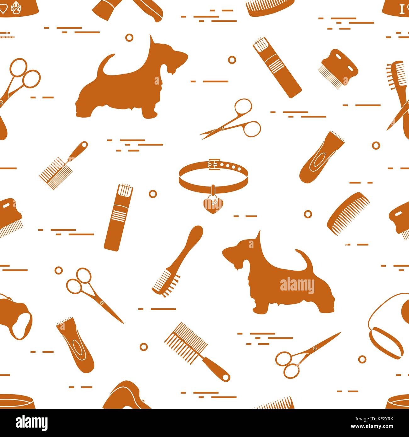 Modello con il cane, pettini, collare, guinzaglio, rasoio, asciugacapelli, ciotola, forbici. health care, toelettatura, prendersi cura di un cane, mostra. Illustrazione Vettoriale