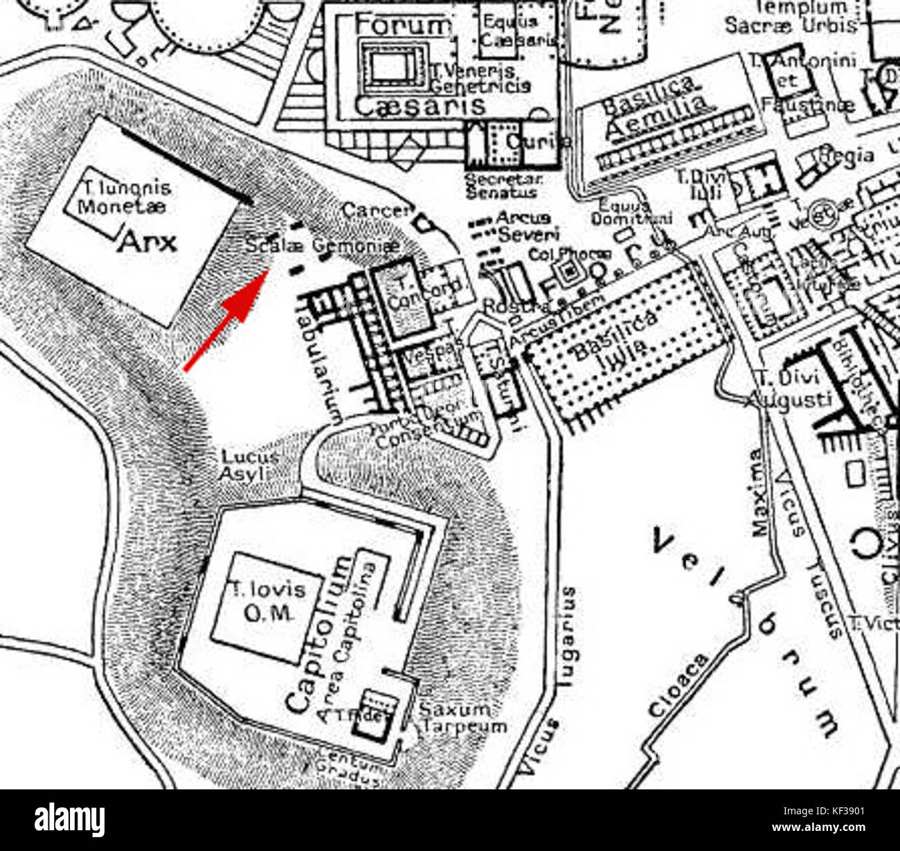 Mappa parziale del centro di Roma durante l'Impero Romano con grande Scalae Gemoniae contrassegnati Foto Stock
